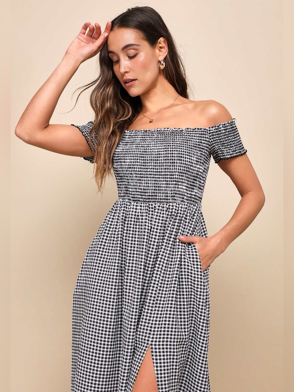NWT Lulus Patsy Black and White Gingham Off-the-Shoulder Dress Size Medium - Picture 4 of 12